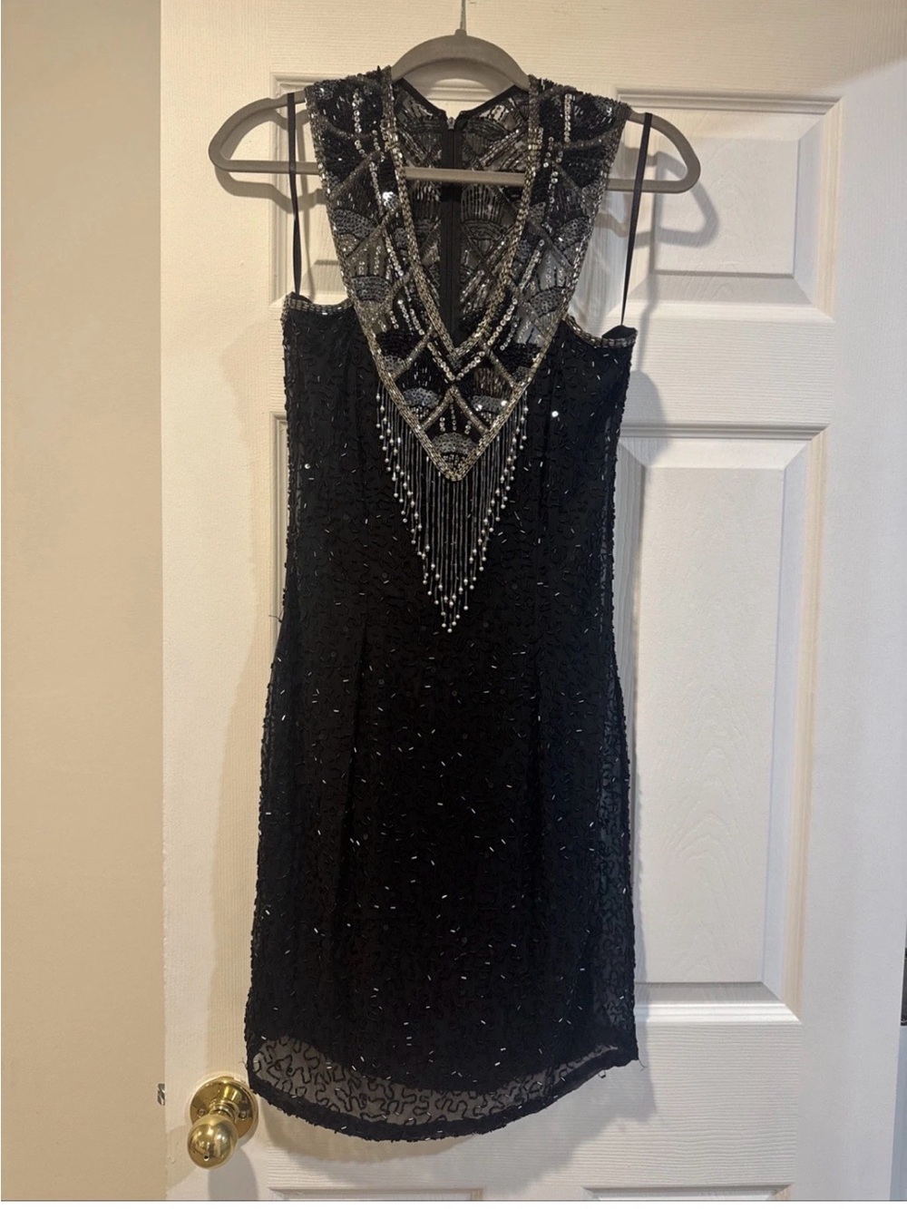Cache Vintage Beaded Black Cocktail Dress with Embellished V-Neck. Size 10